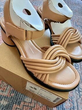 Ecco Beige Braided Strap Block Heel Sandals